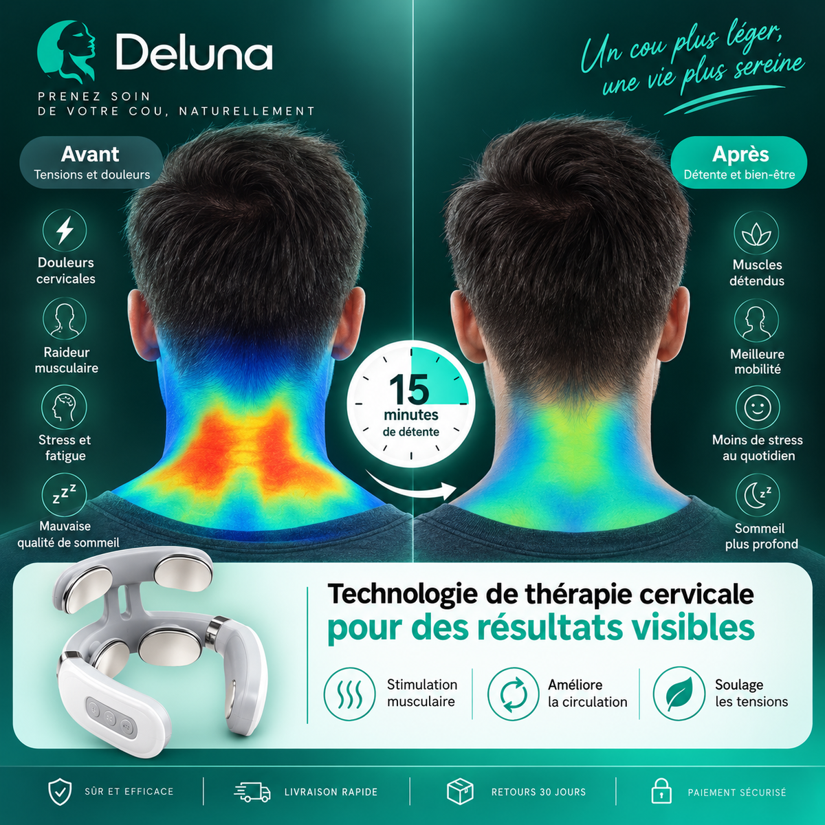 Deluna™— Masseur Cervical Chauffant pour un Cou Plus Léger